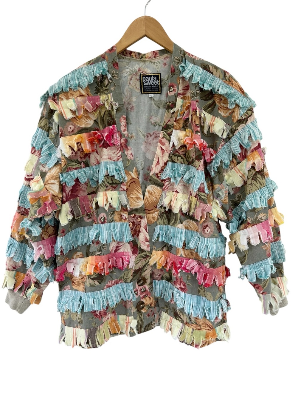 PAULA SWEET Vintage Muslim Mink Floral Art Fringe Rag Jacket Size S